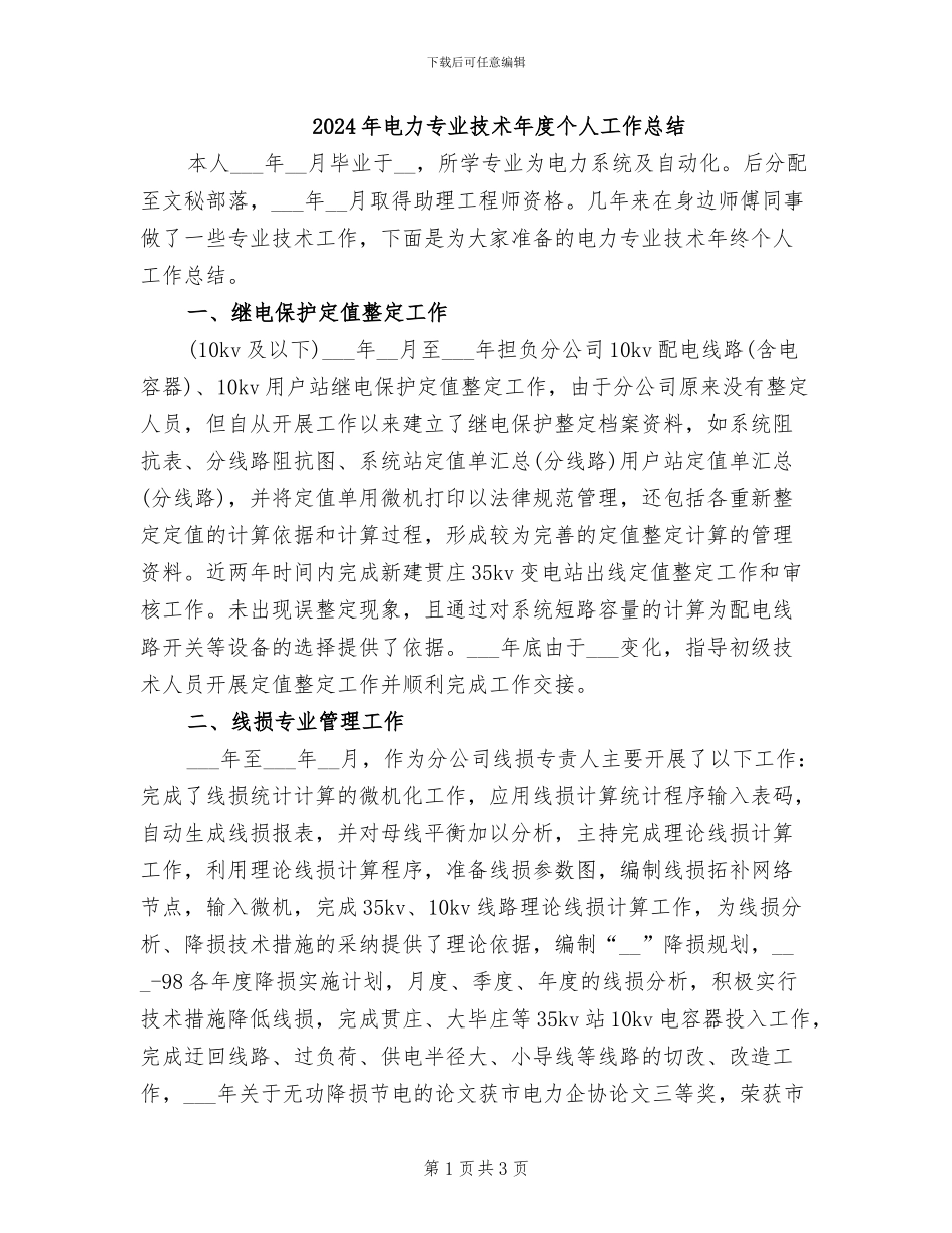 2024年电力专业技术年度个人工作总结_第1页