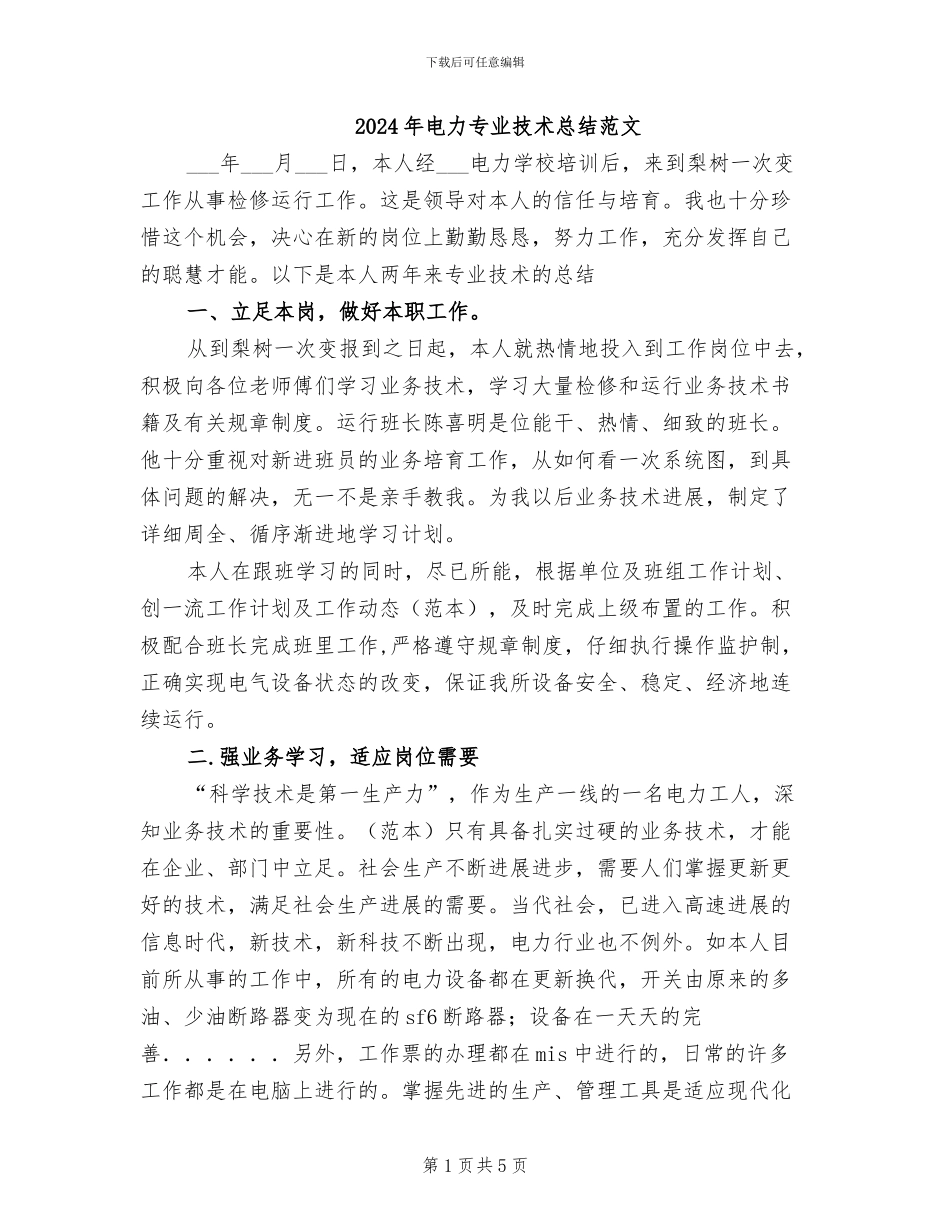 2024年电力专业技术总结范文_第1页