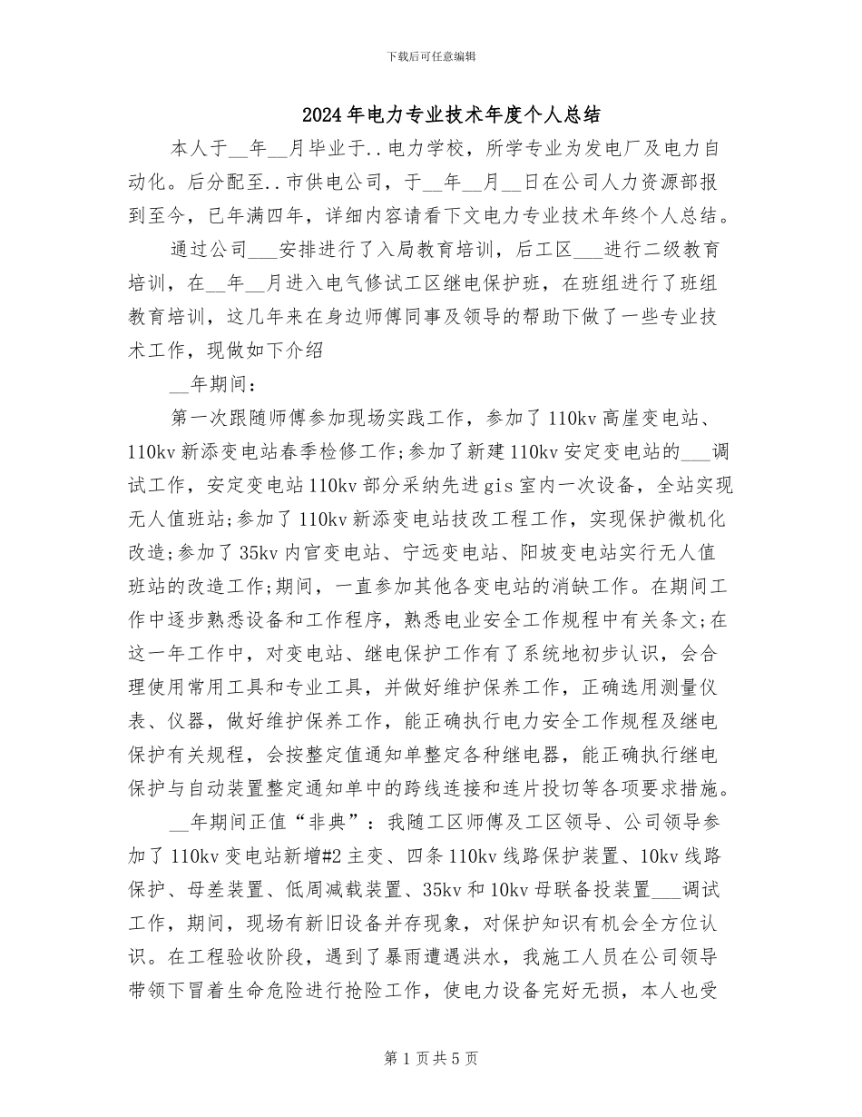 2024年电力专业技术年度个人总结_第1页