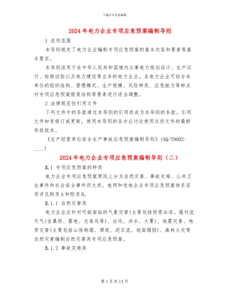 2024年电力企业专项应急预案编制导则_第1页