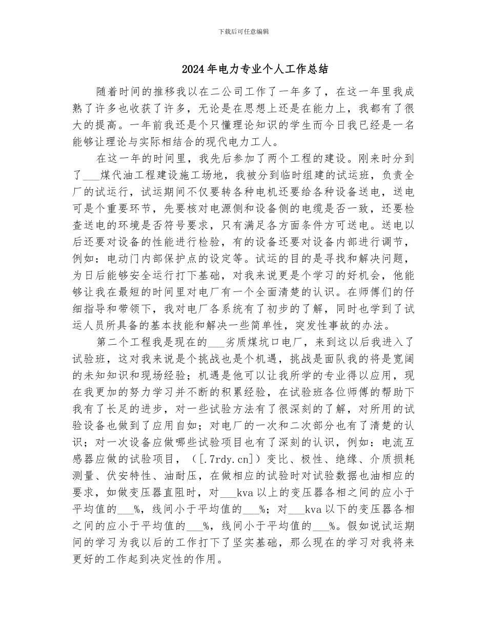 2024年电力专业个人工作总结_第1页