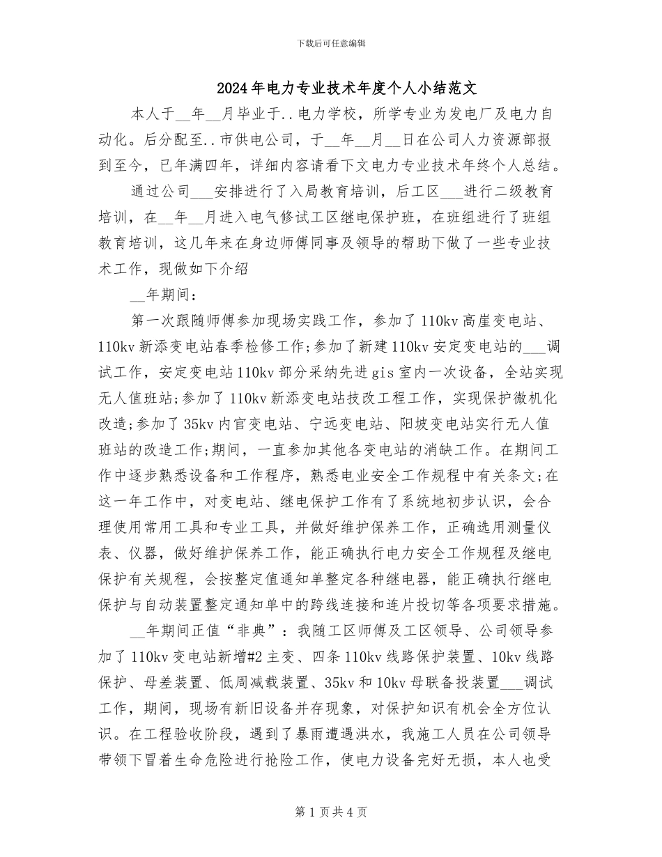 2024年电力专业技术年度个人小结范文_第1页