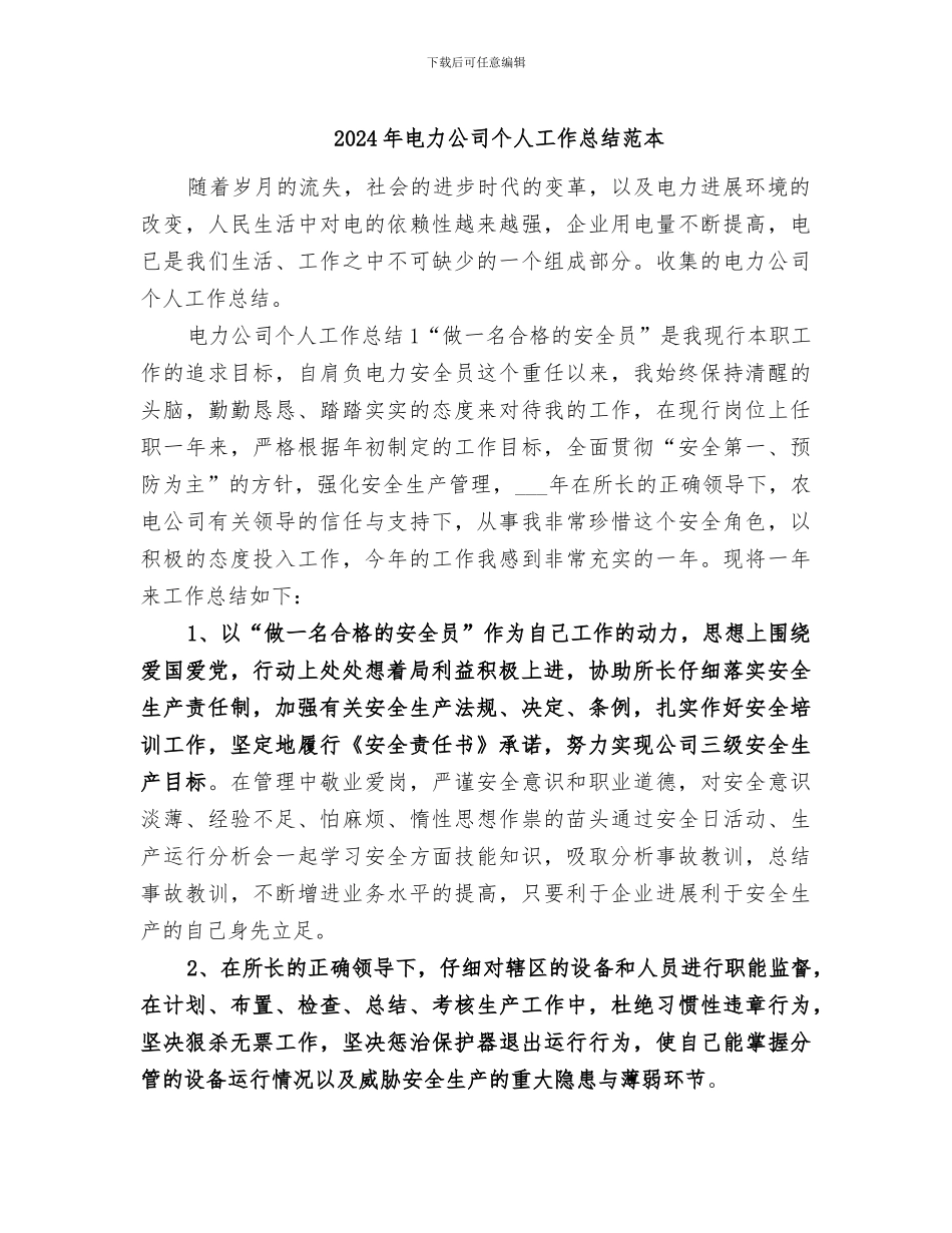 2024年电力公司个人工作总结范本_第1页