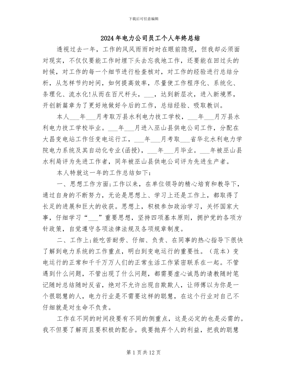 2024年电力公司员工个人年终总结_第1页