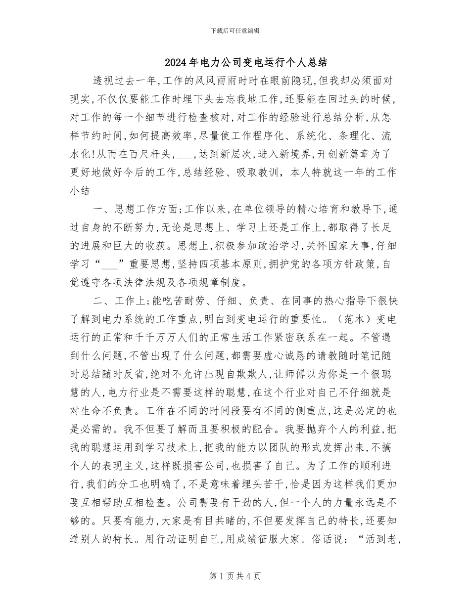 2024年电力公司变电运行个人总结_第1页