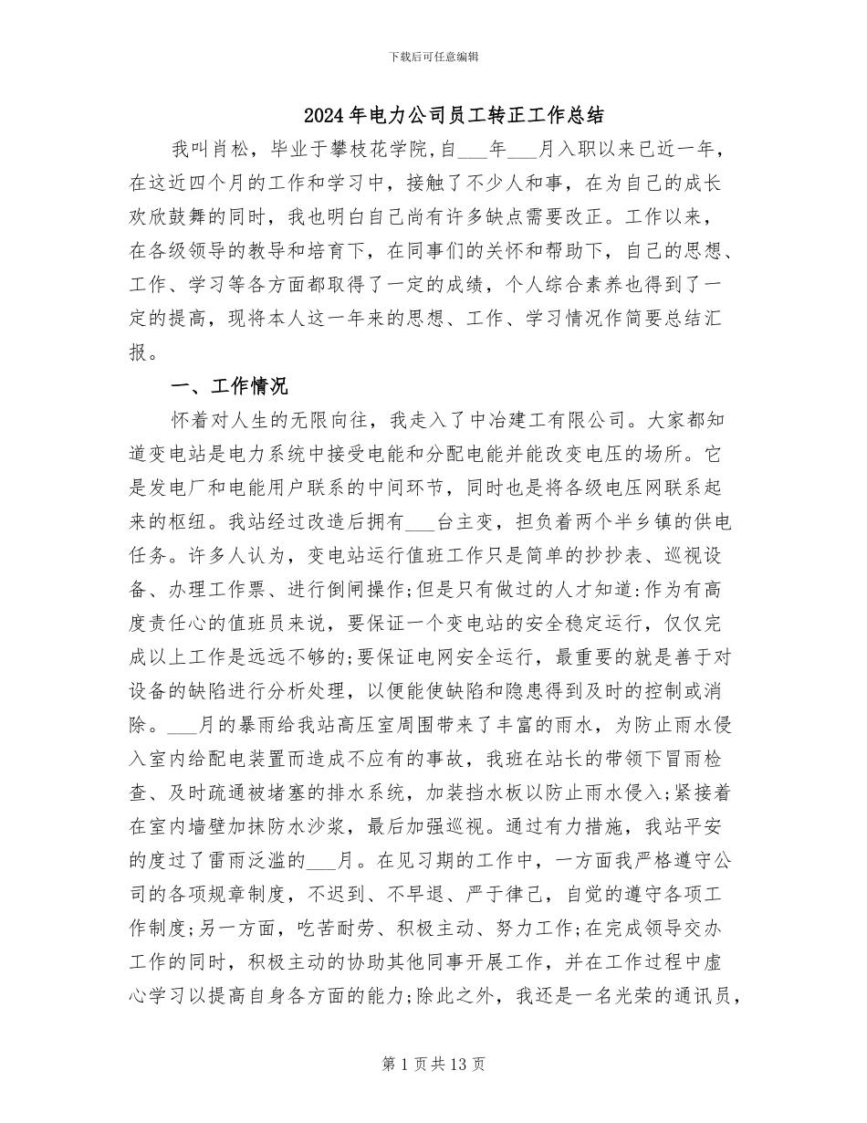 2024年电力公司员工转正工作总结_第1页