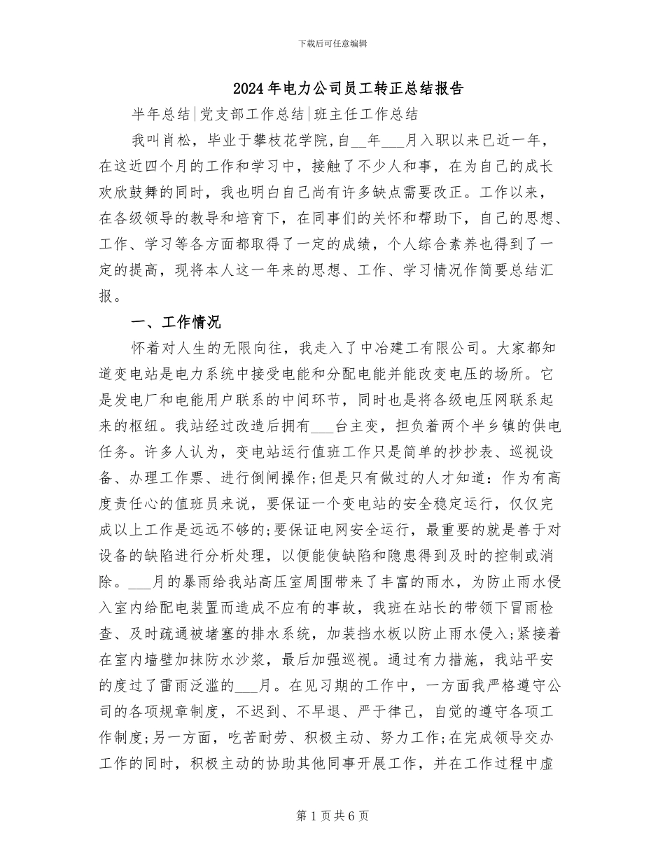 2024年电力公司员工转正总结报告_第1页