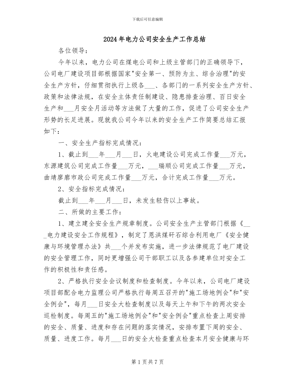 2024年电力公司安全生产工作总结_第1页