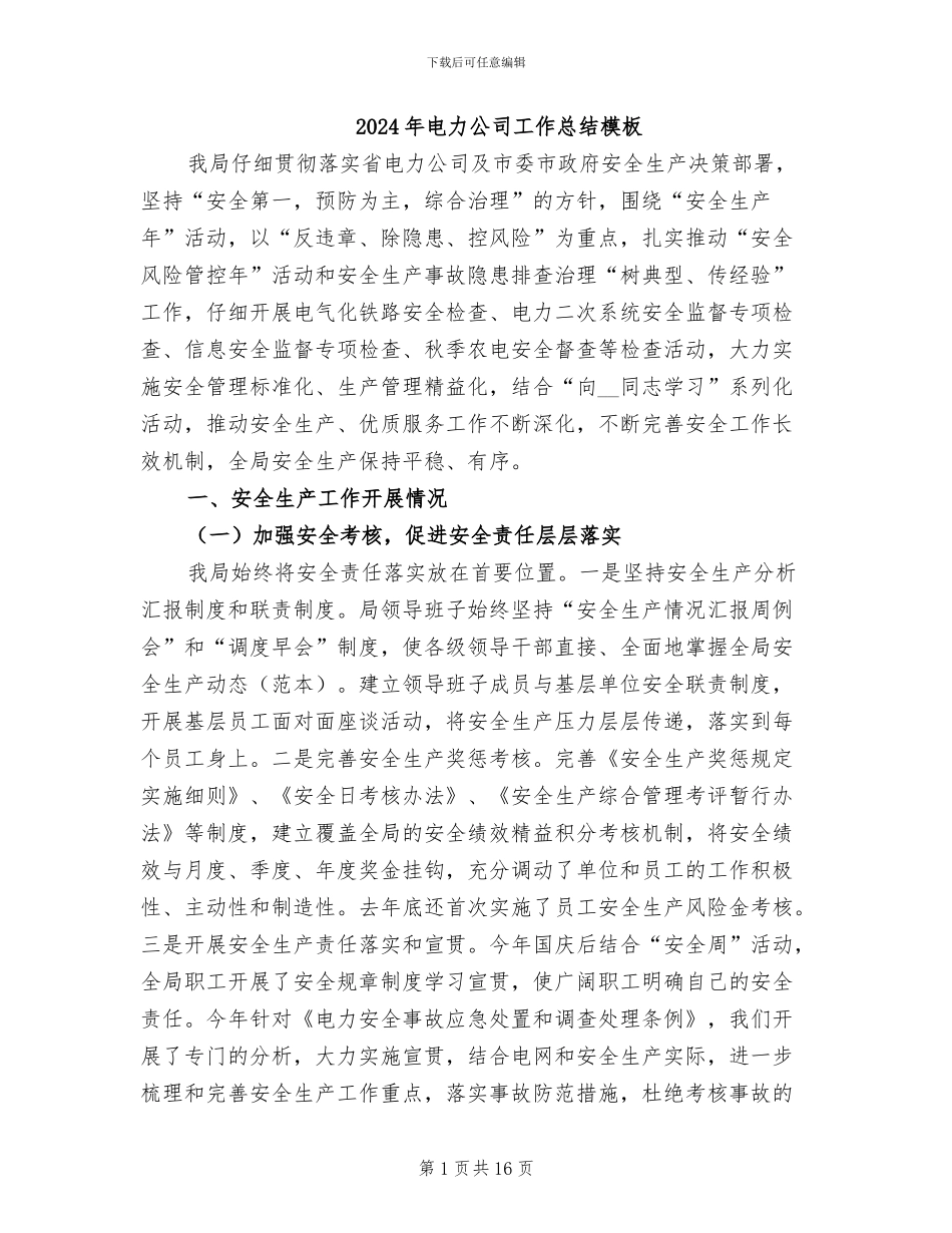 2024年电力公司工作总结模板_第1页