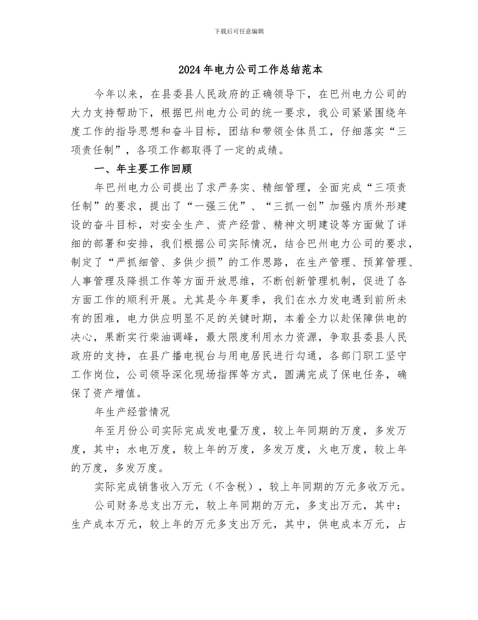 2024年电力公司工作总结范本_第1页