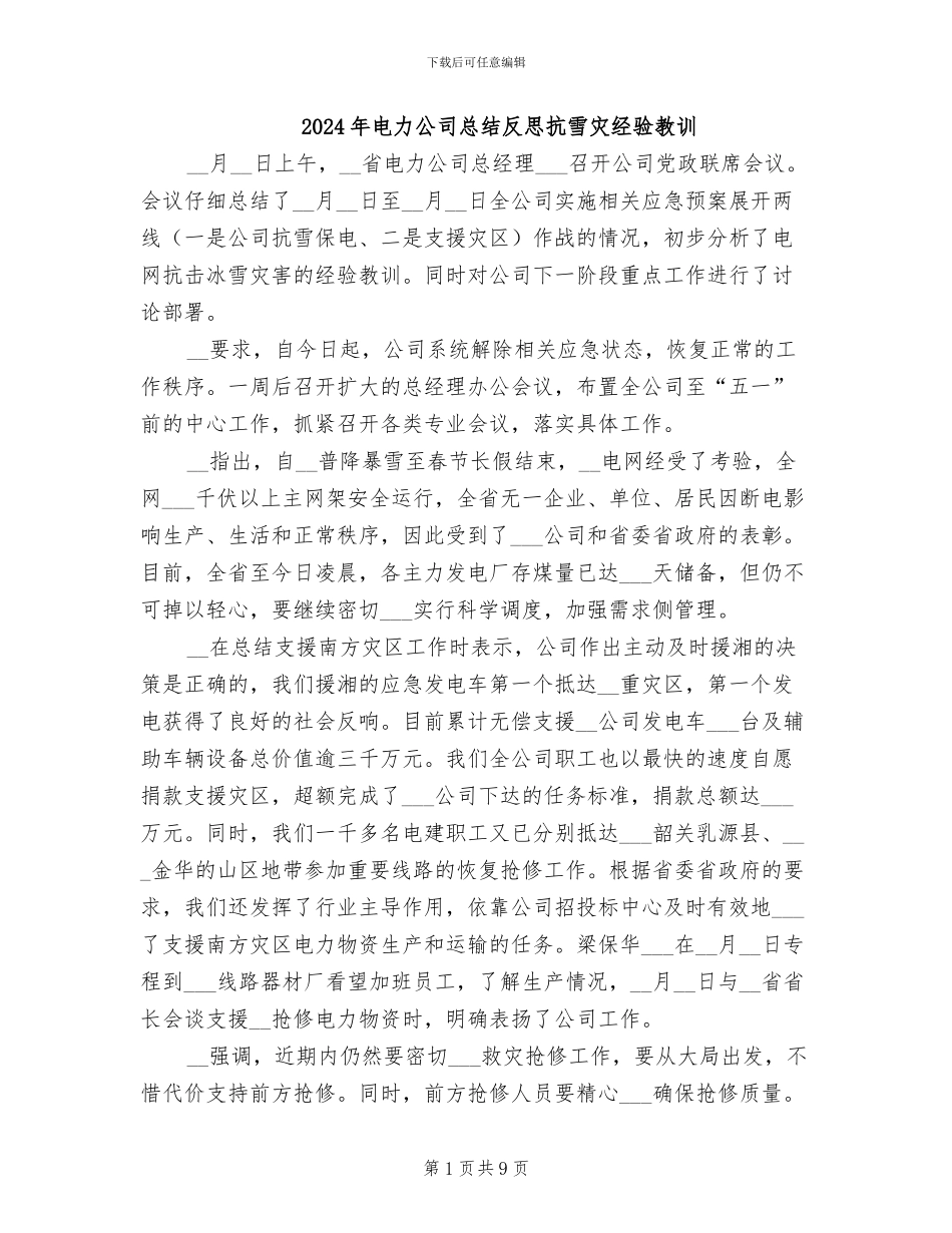2024年电力公司总结反思抗雪灾经验教训_第1页