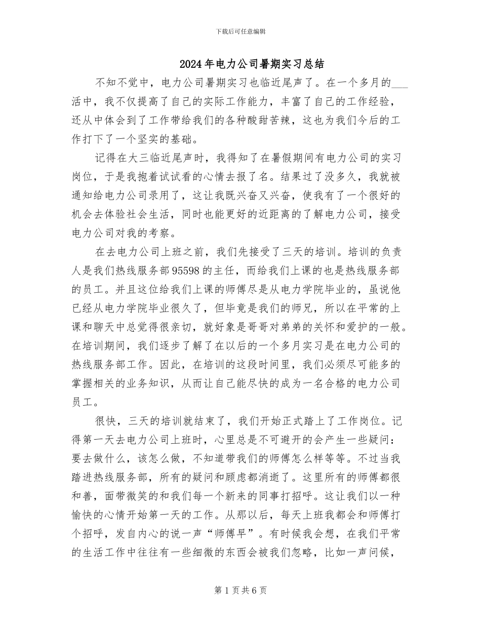 2024年电力公司暑期实习总结_第1页