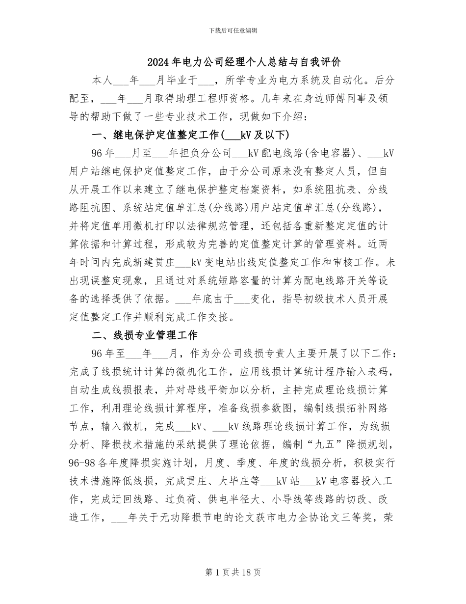 2024年电力公司经理个人总结与自我评价_第1页