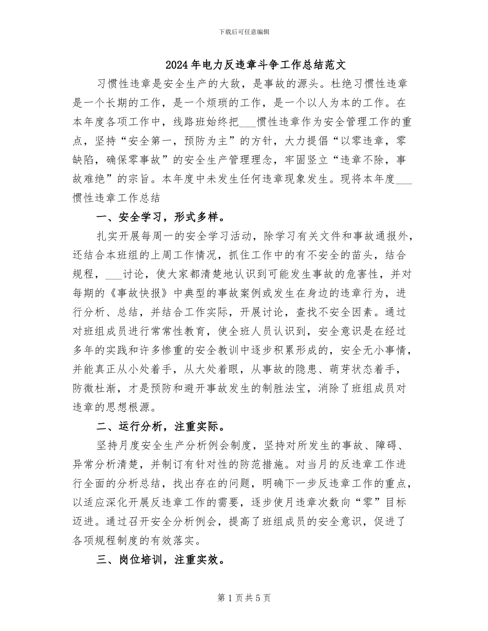 2024年电力反违章斗争工作总结范文_第1页