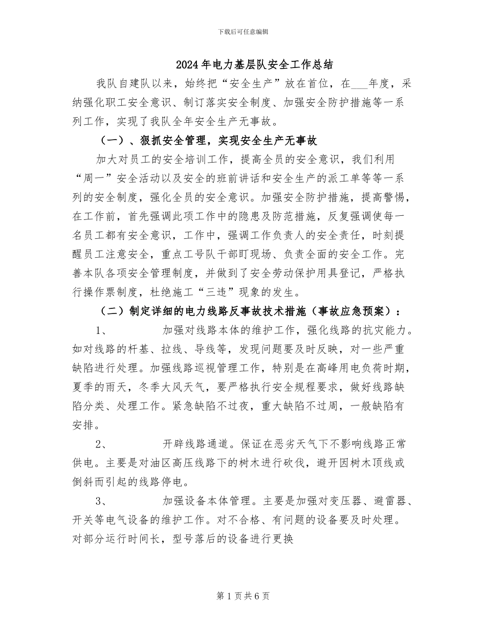 2024年电力基层队安全工作总结_第1页