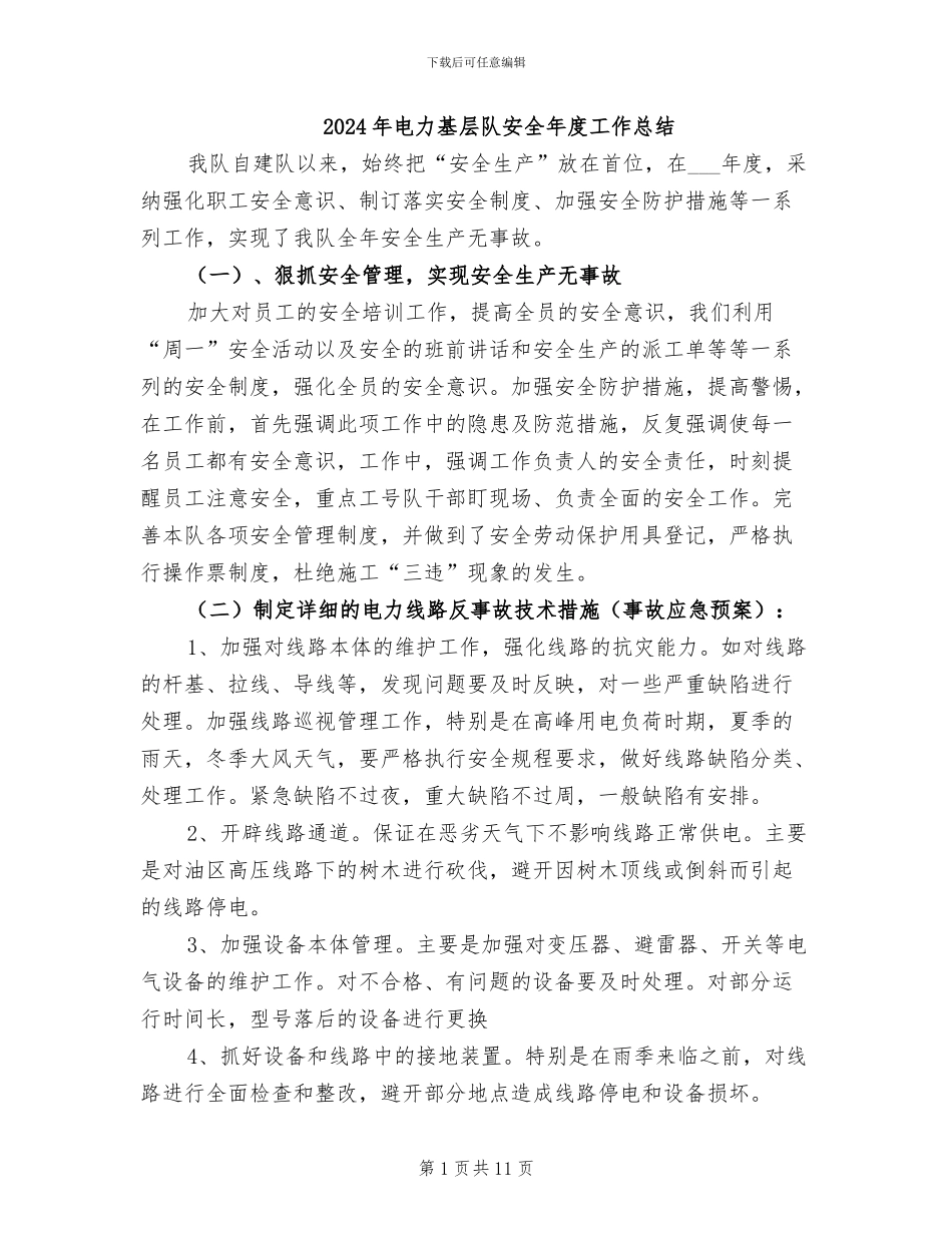 2024年电力基层队安全年度工作总结_第1页