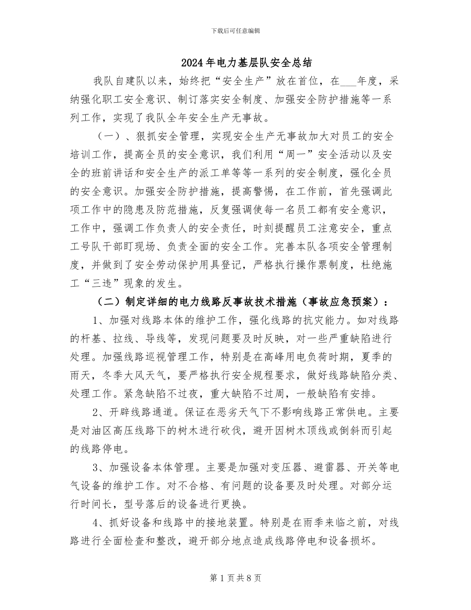 2024年电力基层队安全总结_第1页