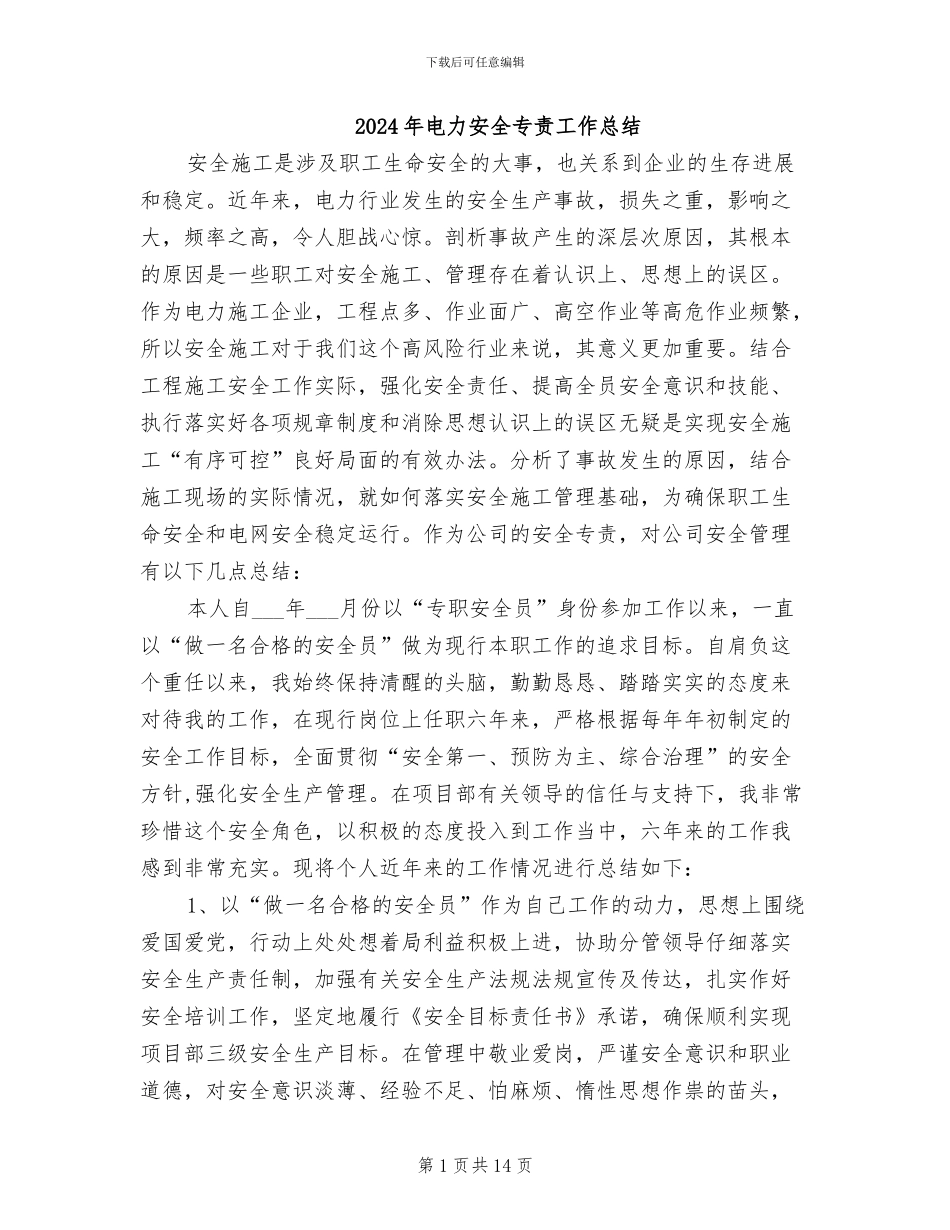 2024年电力安全专责工作总结_第1页