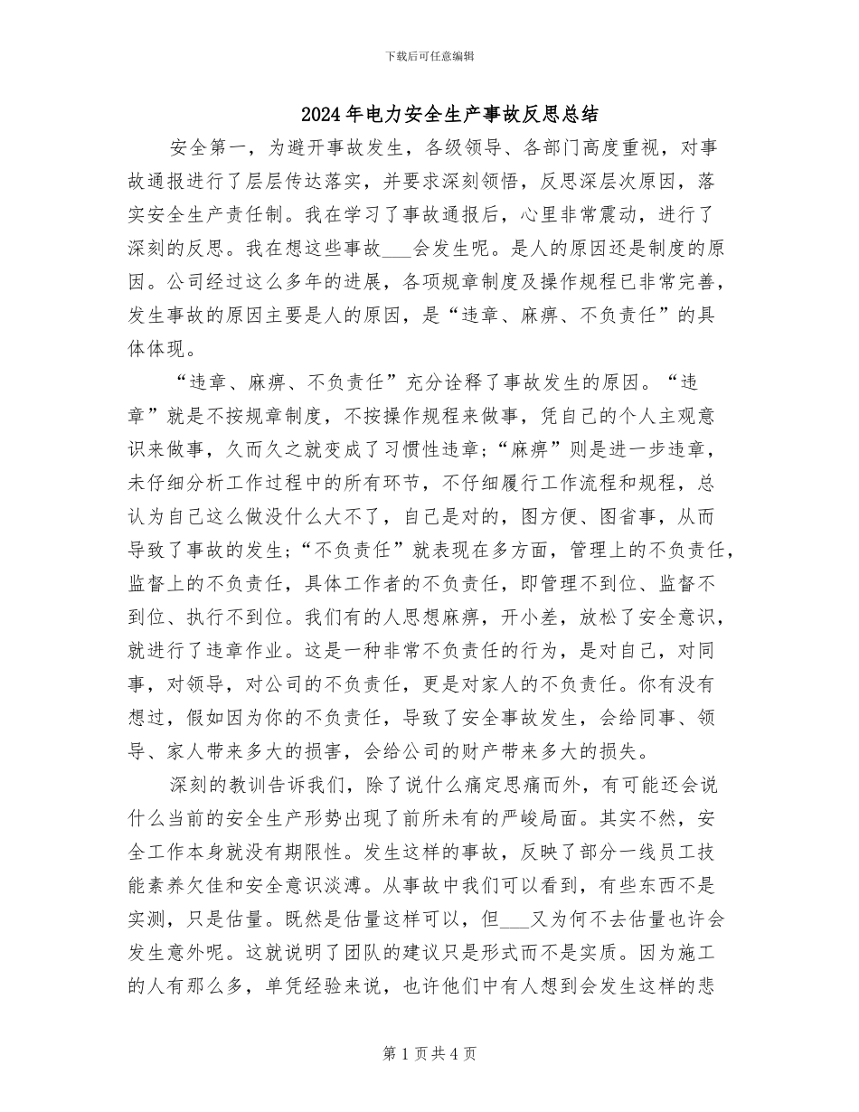 2024年电力安全生产事故反思总结_第1页