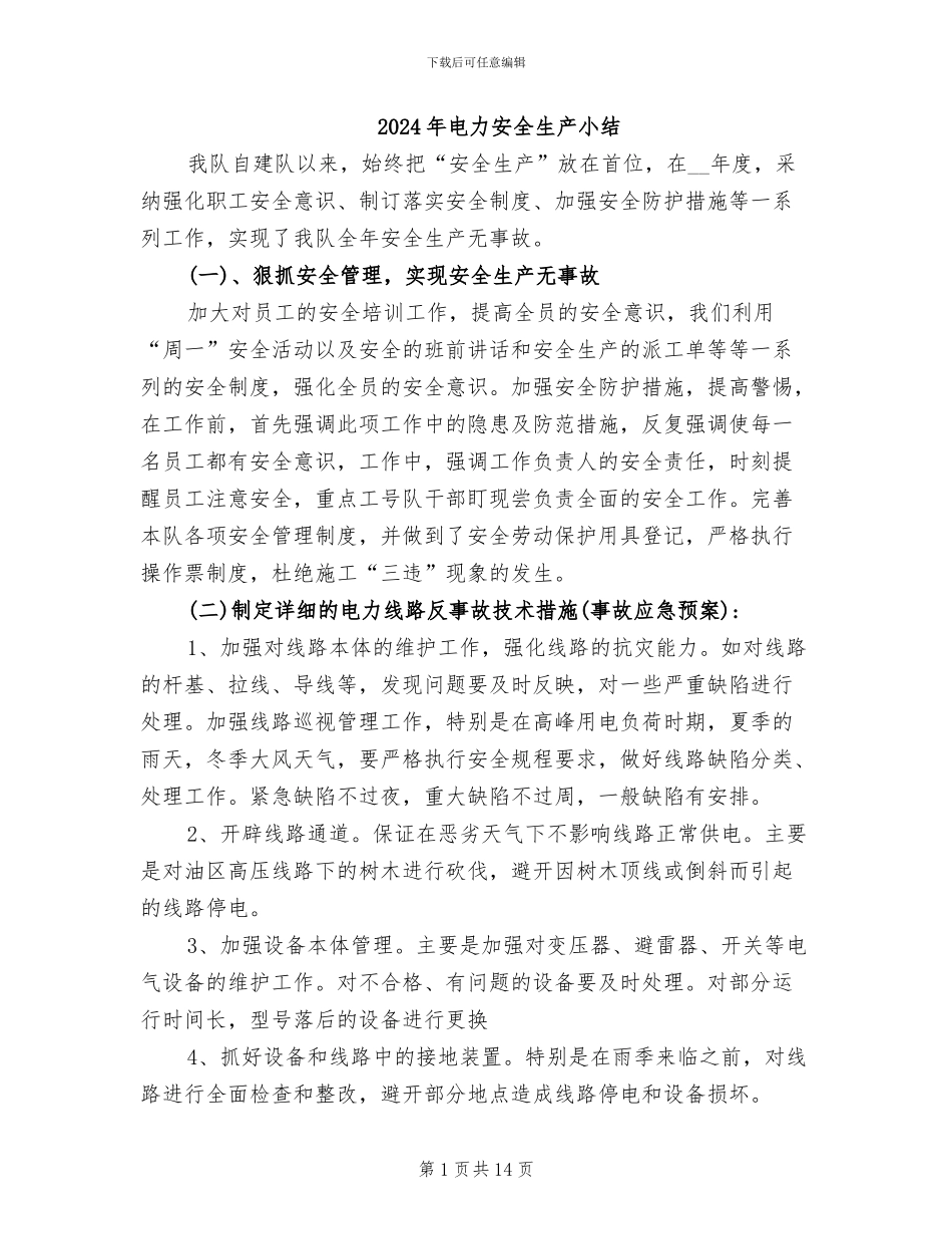 2024年电力安全生产小结_第1页