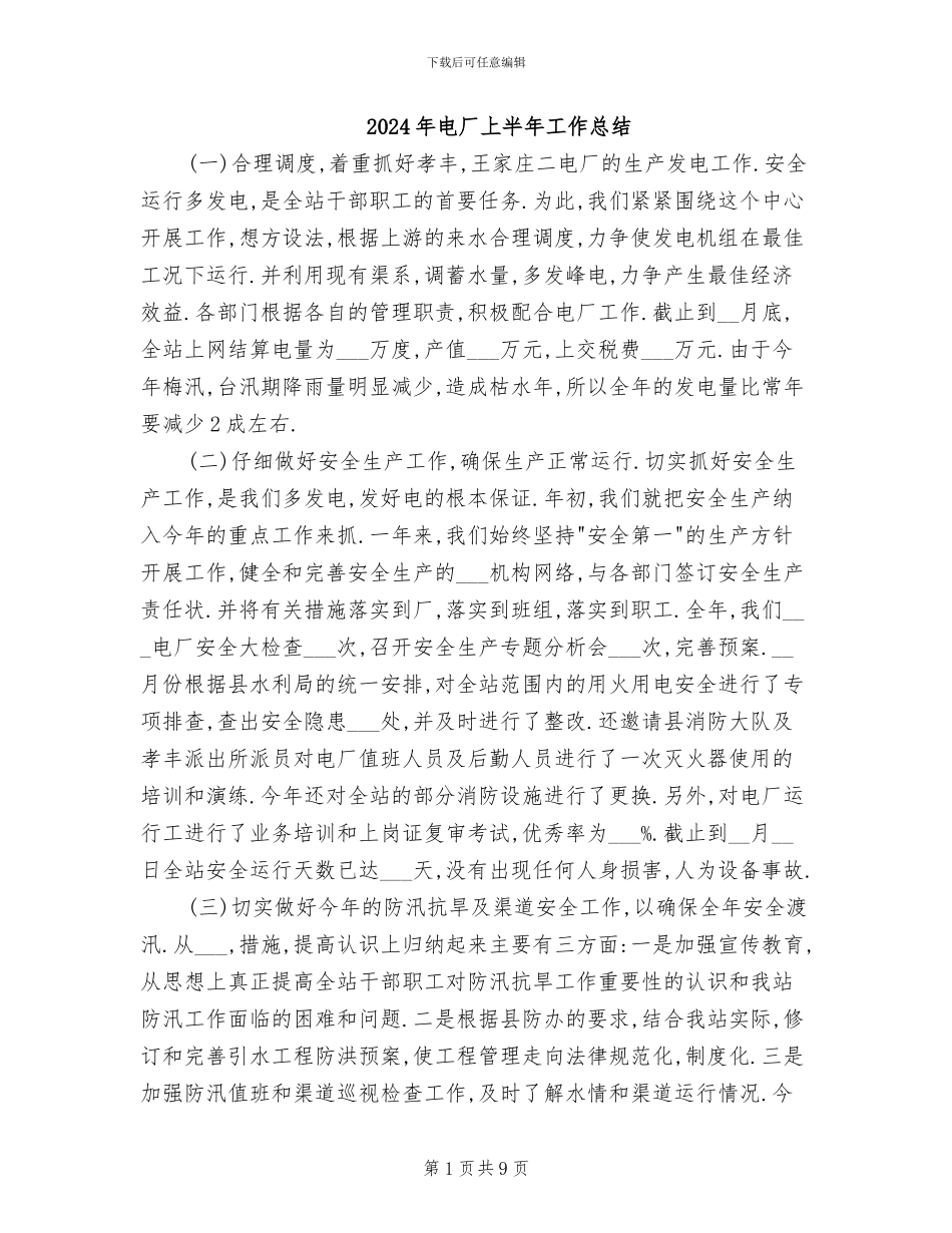 2024年电厂上半年工作总结_第1页