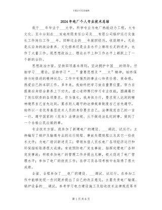 2024年电厂个人专业技术总结