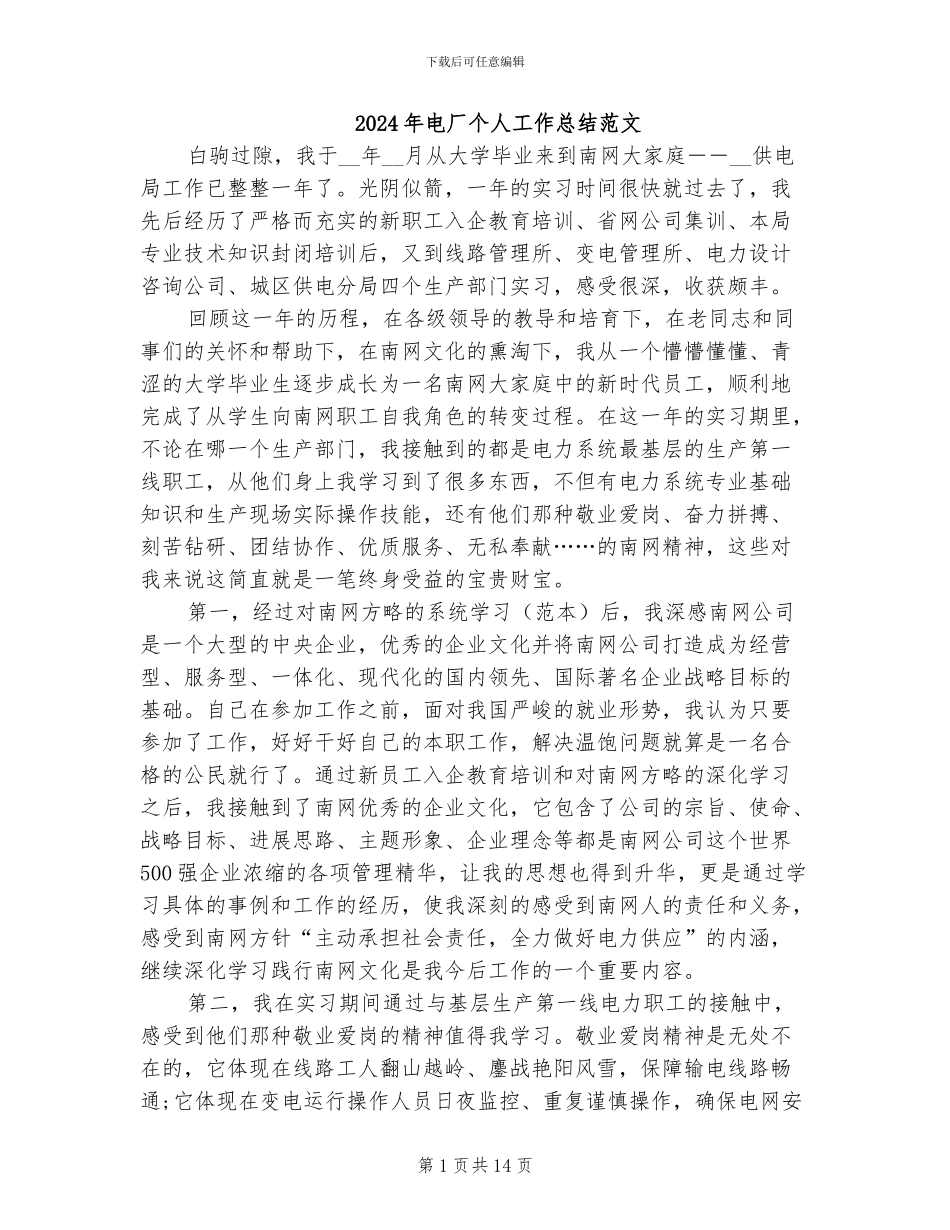 2024年电厂个人工作总结范文_第1页