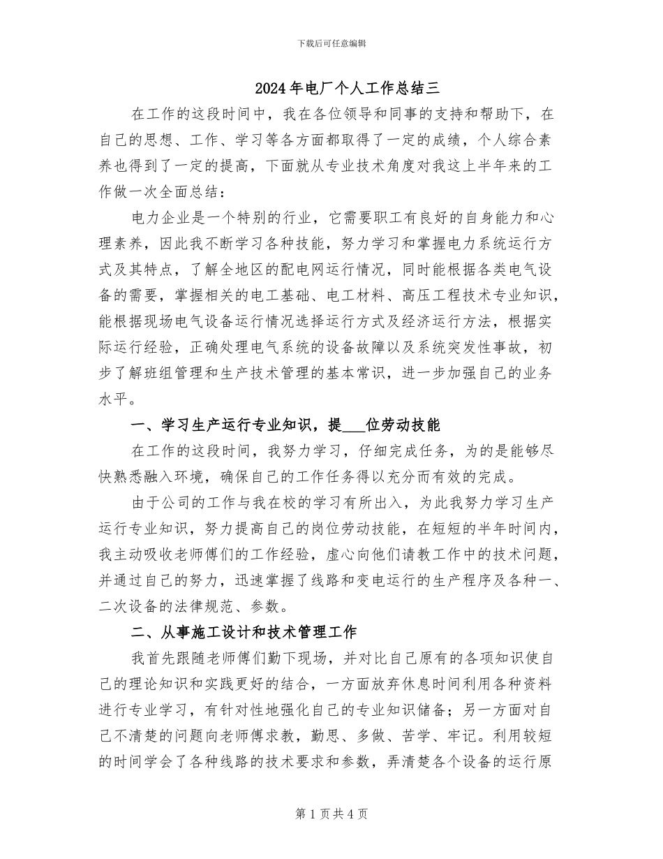 2024年电厂个人工作总结三_第1页