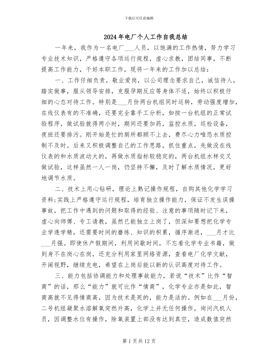 2024年电厂个人工作自我总结_第1页