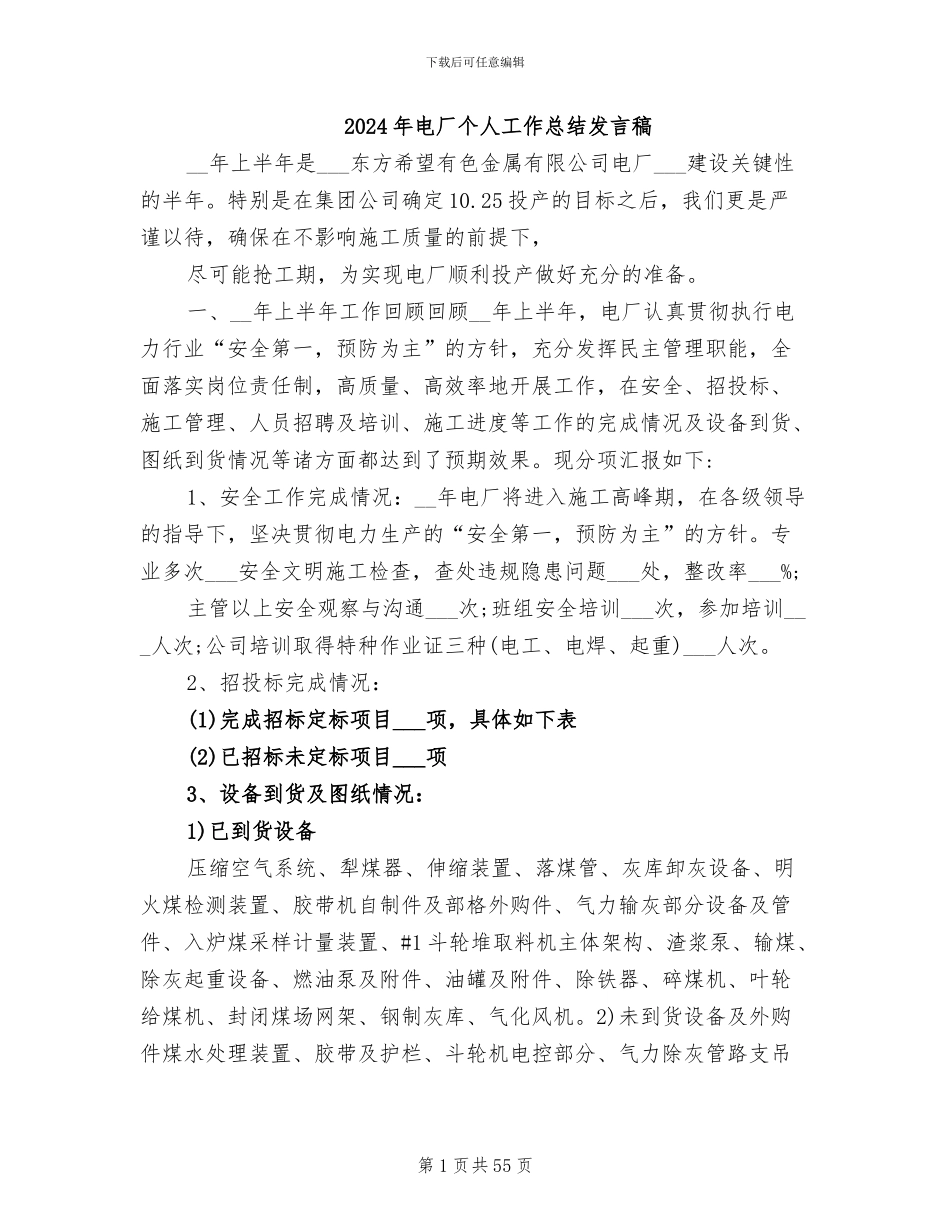 2024年电厂个人工作总结发言稿_第1页