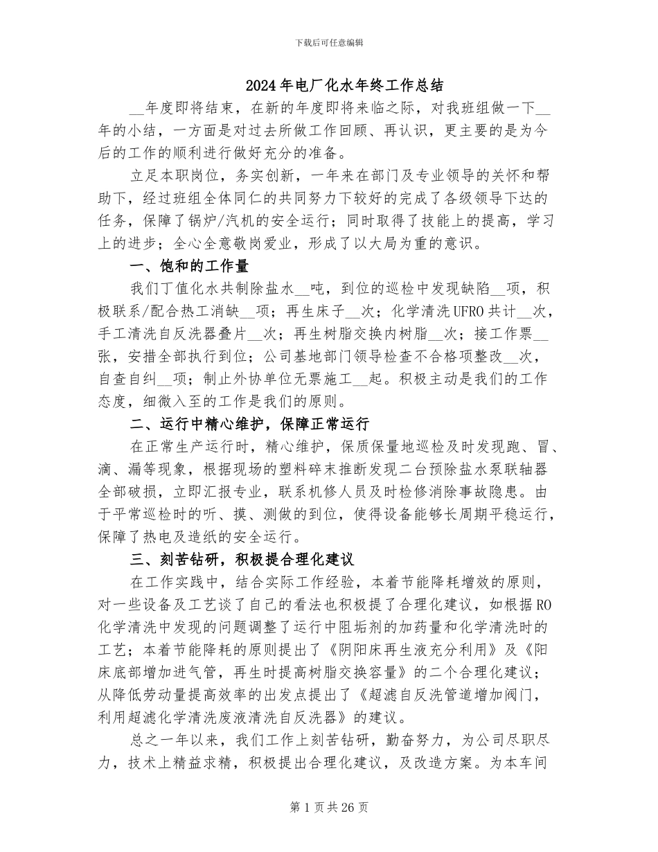 2024年电厂化水年终工作总结_第1页