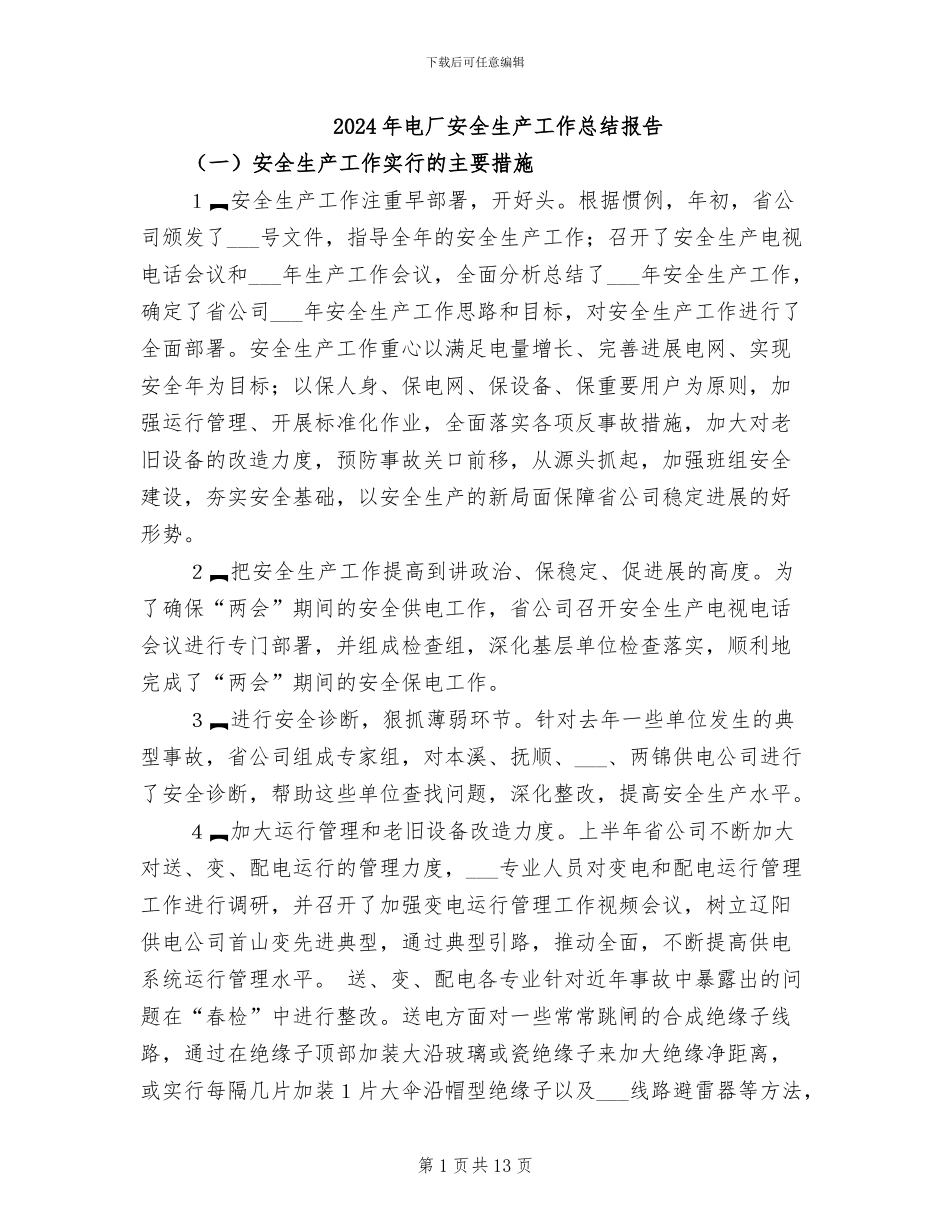 2024年电厂安全生产工作总结报告_第1页
