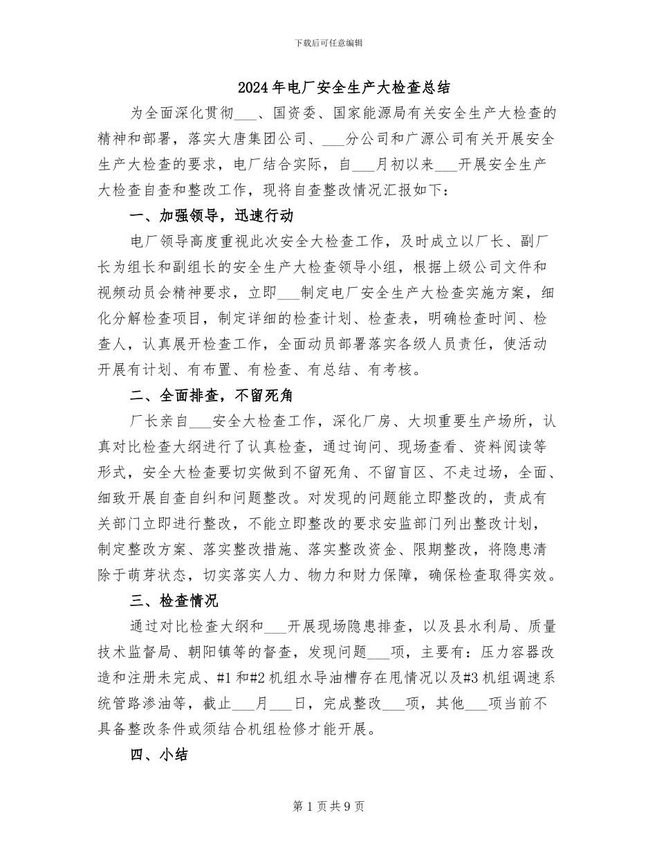 2024年电厂安全生产大检查总结_第1页