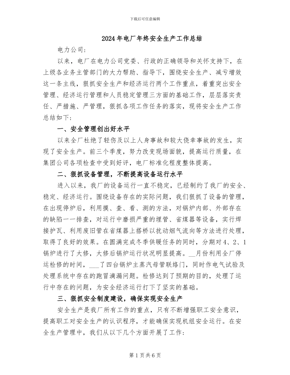2024年电厂年终安全生产工作总结_第1页