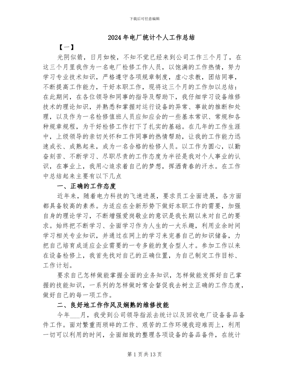 2024年电厂统计个人工作总结_第1页