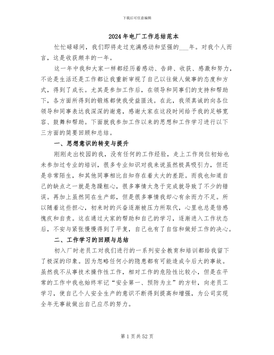 2024年电厂工作总结范本_第1页
