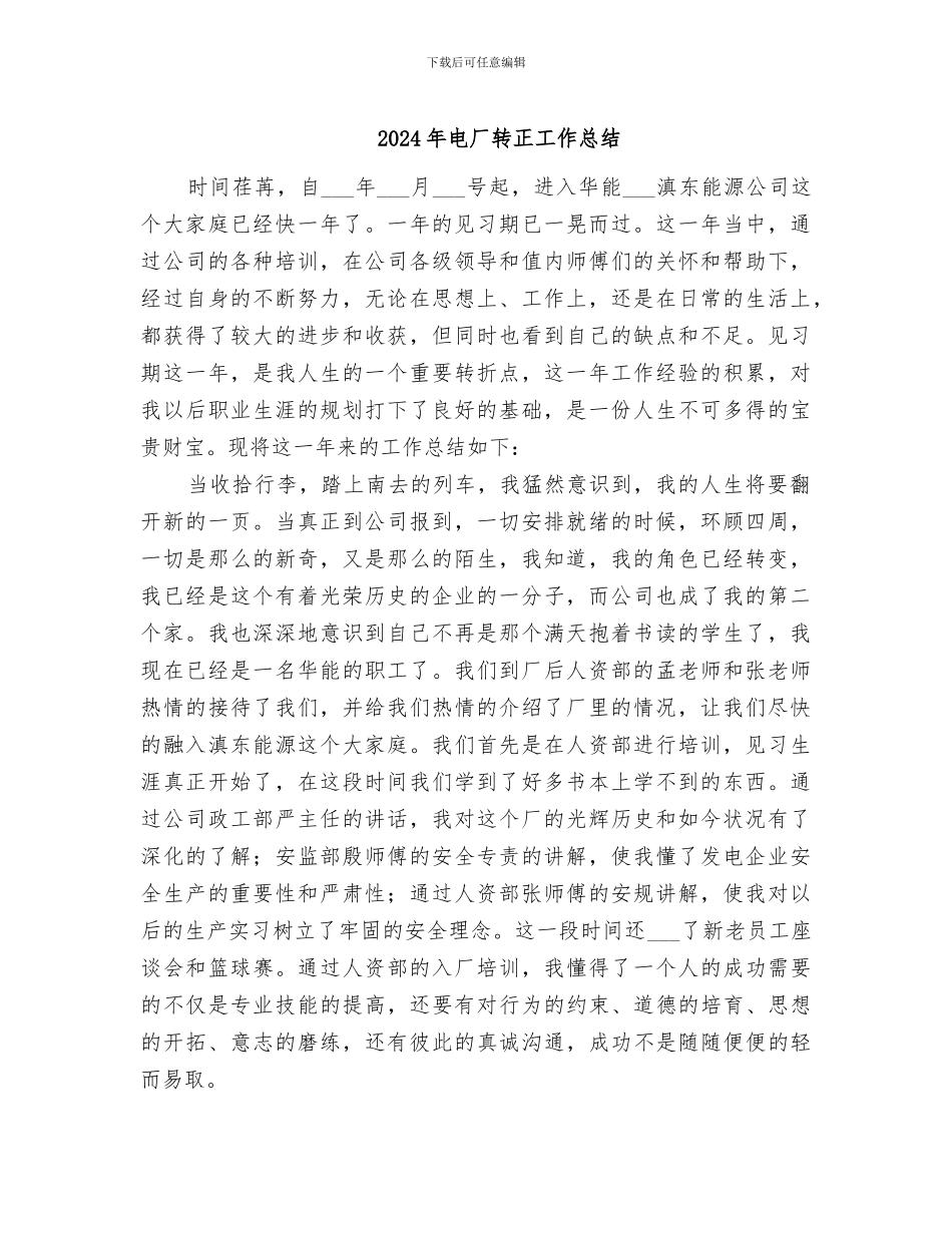 2024年电厂转正工作总结_第1页