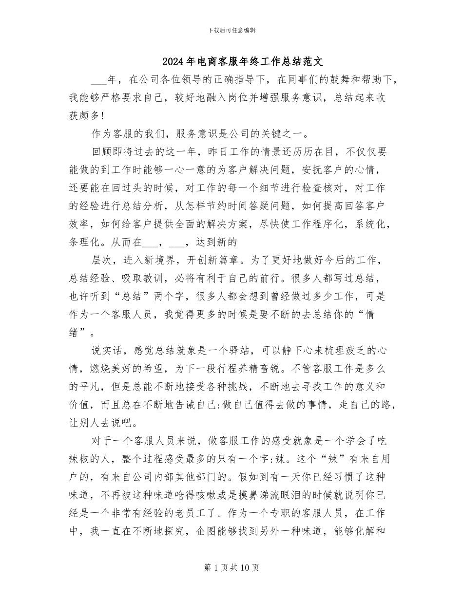 2024年电商客服年终工作总结范文_第1页