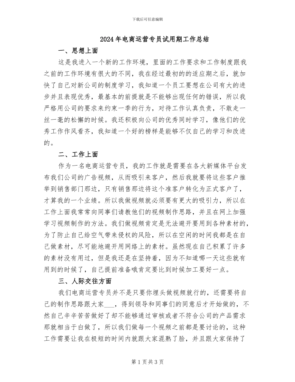 2024年电商运营专员试用期工作总结_第1页
