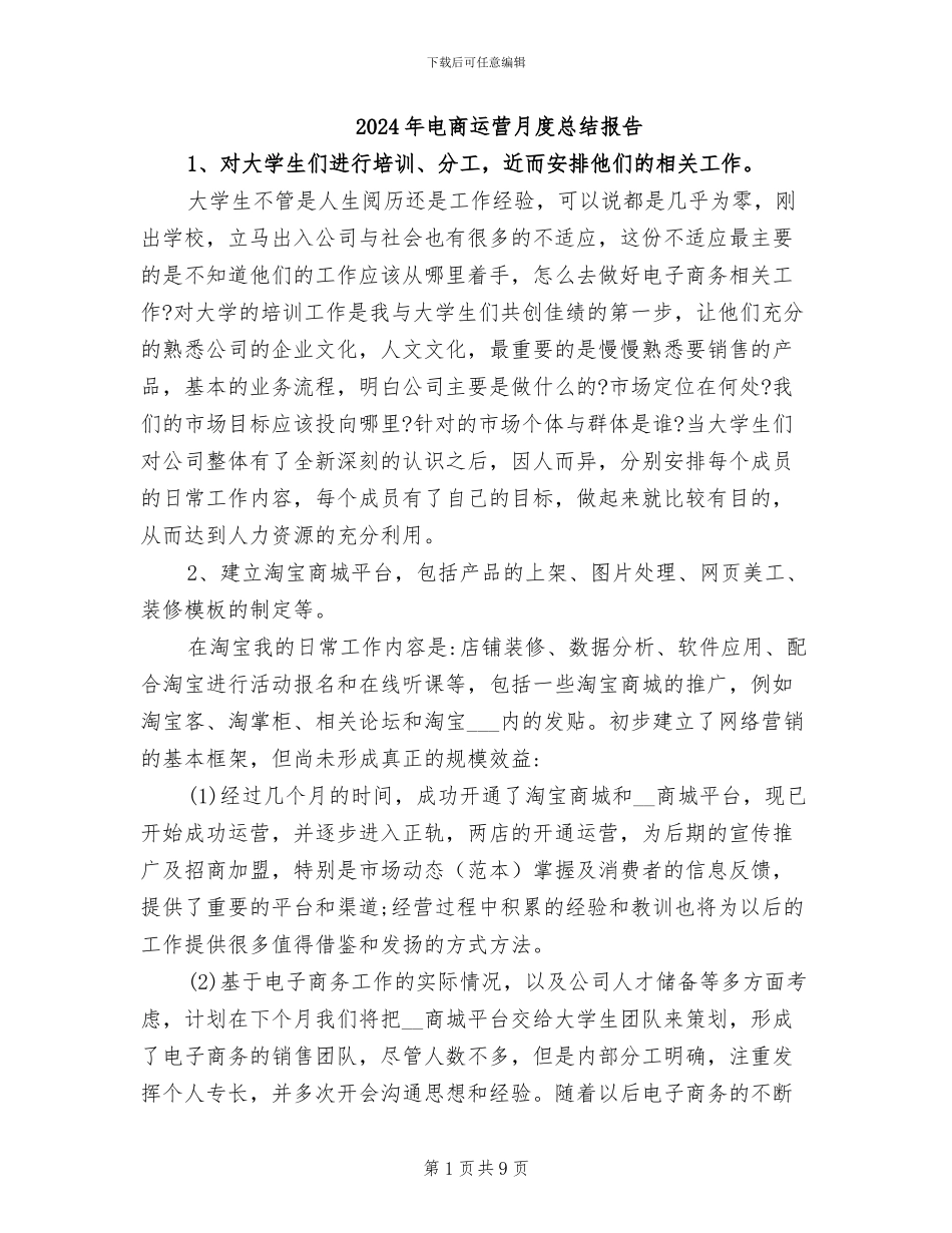 2024年电商运营月度总结报告_第1页