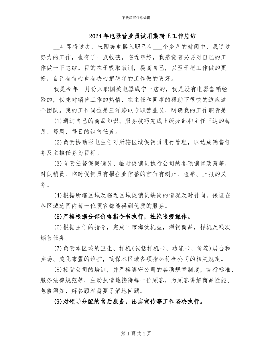 2024年电器营业员试用期转正工作总结_第1页