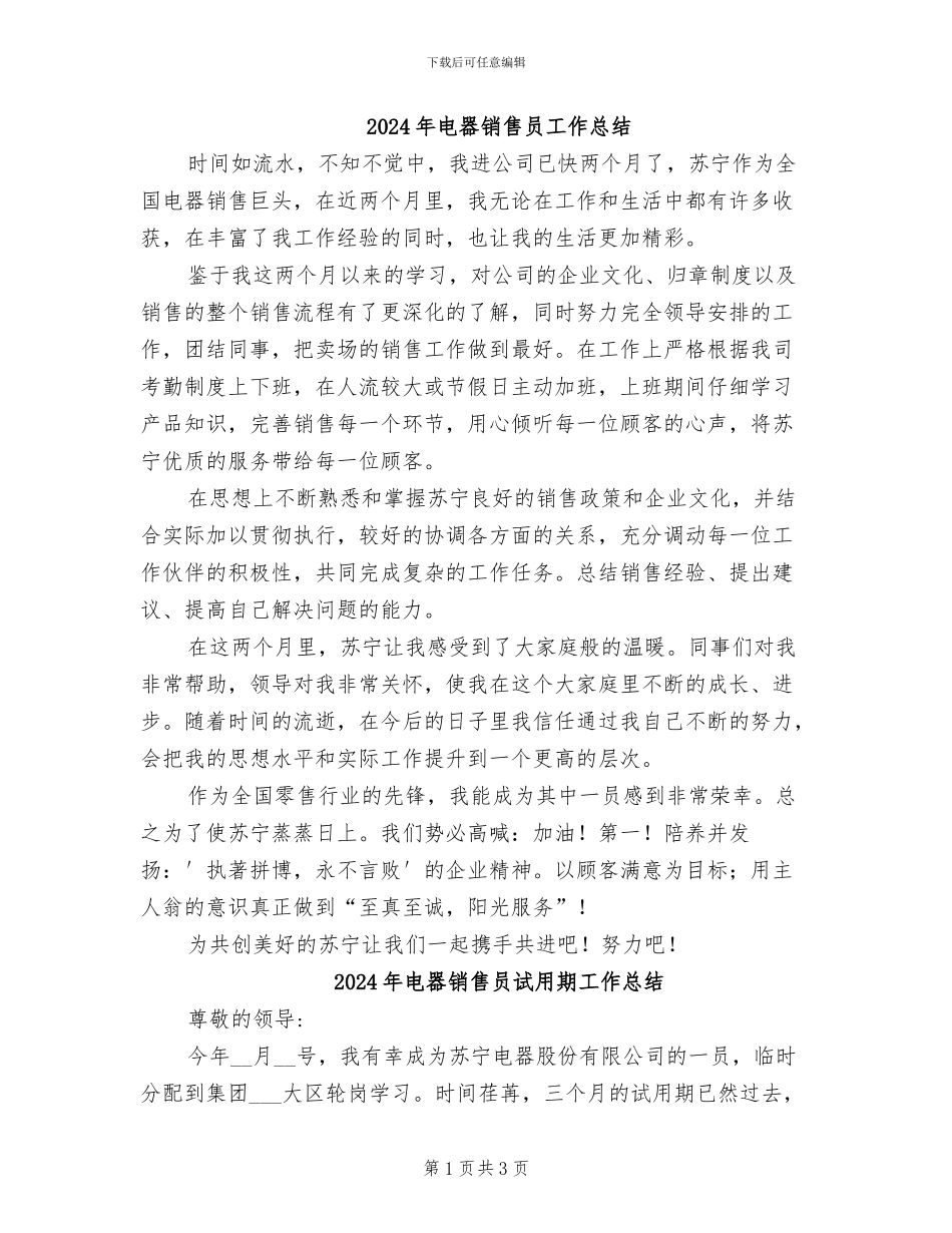 2024年电器销售员工作总结_第1页