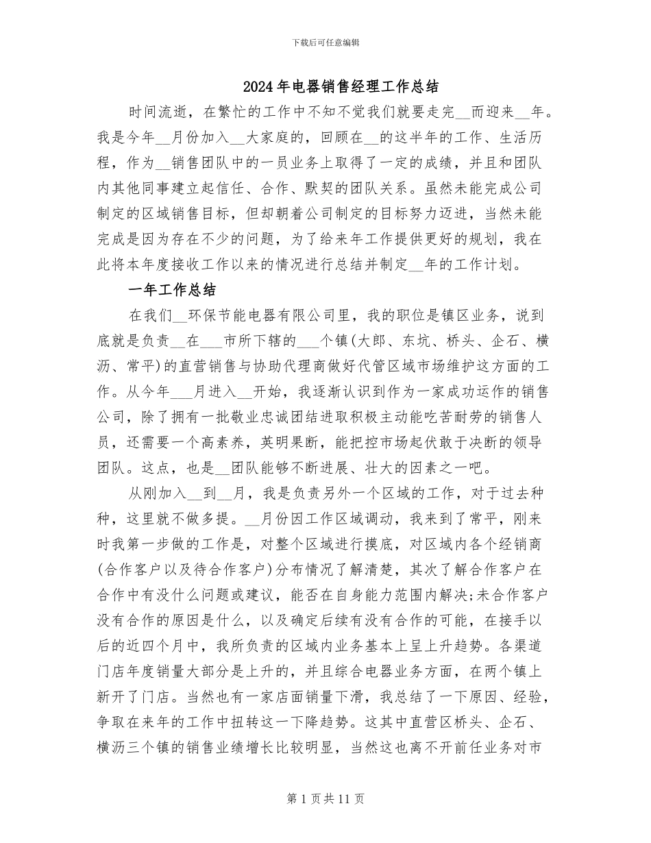 2024年电器销售经理工作总结_第1页
