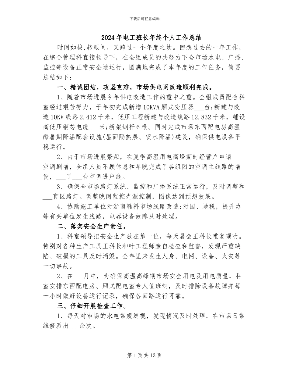 2024年电工班长年终个人工作总结_第1页