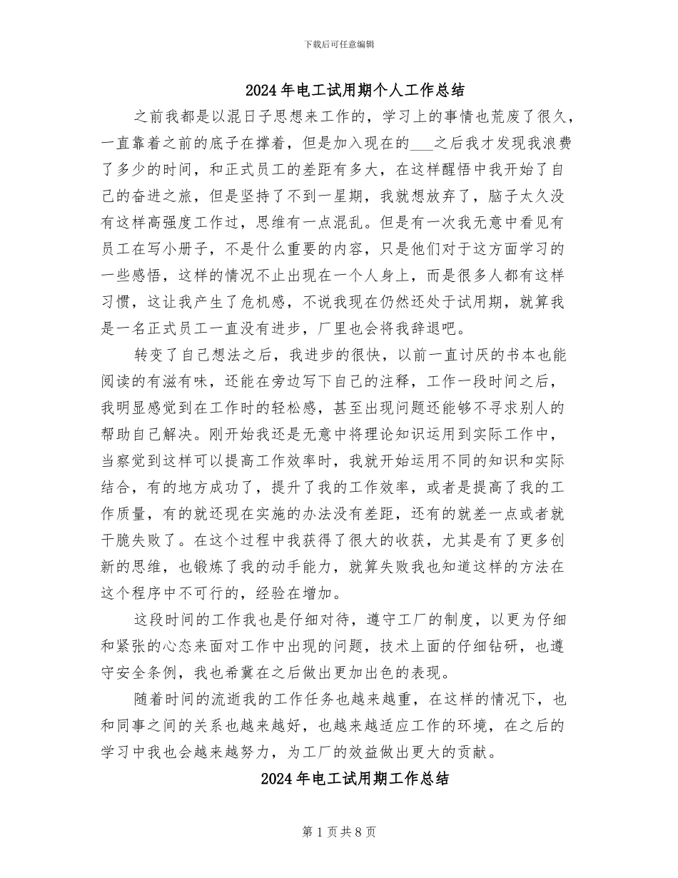 2024年电工试用期个人工作总结_第1页