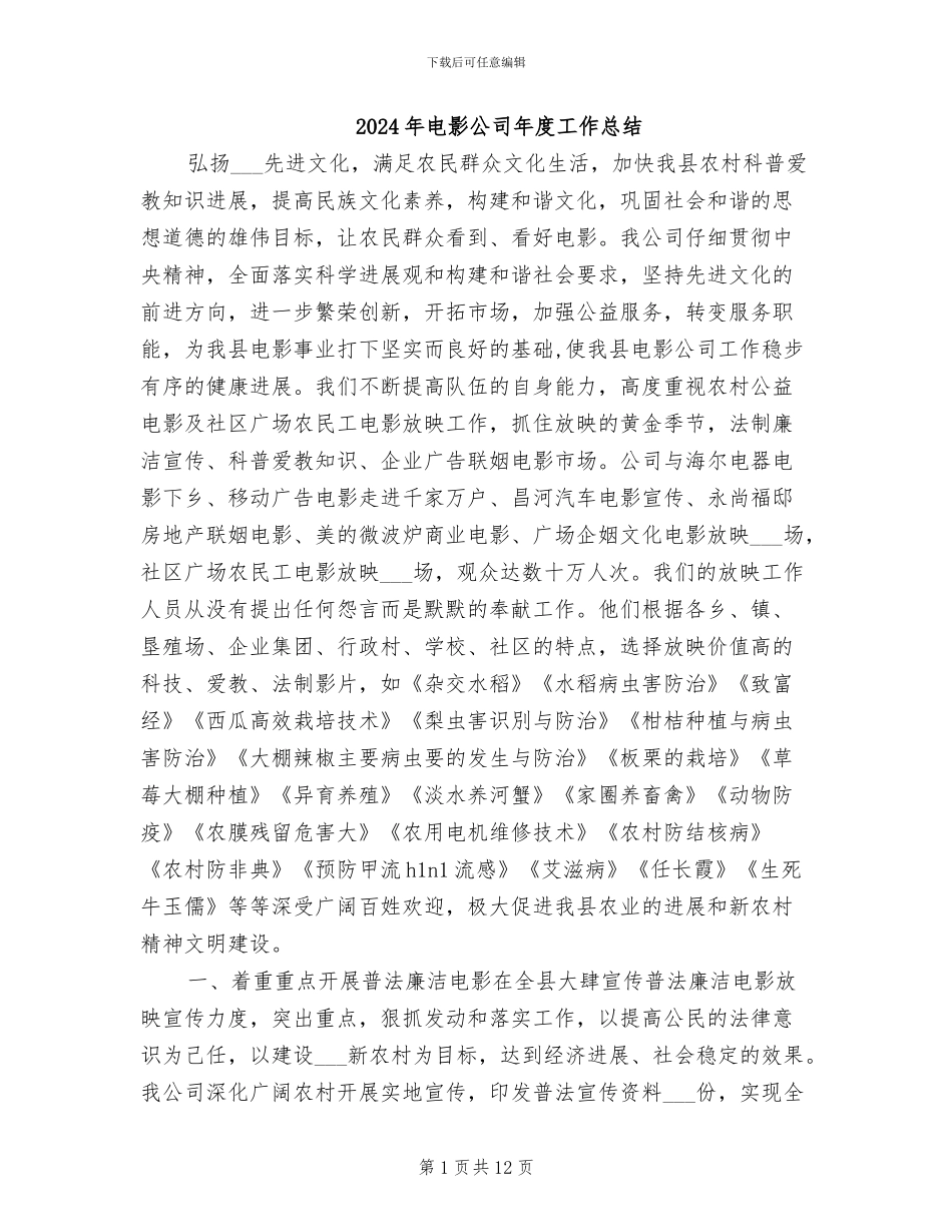 2024年电影公司年度工作总结_第1页