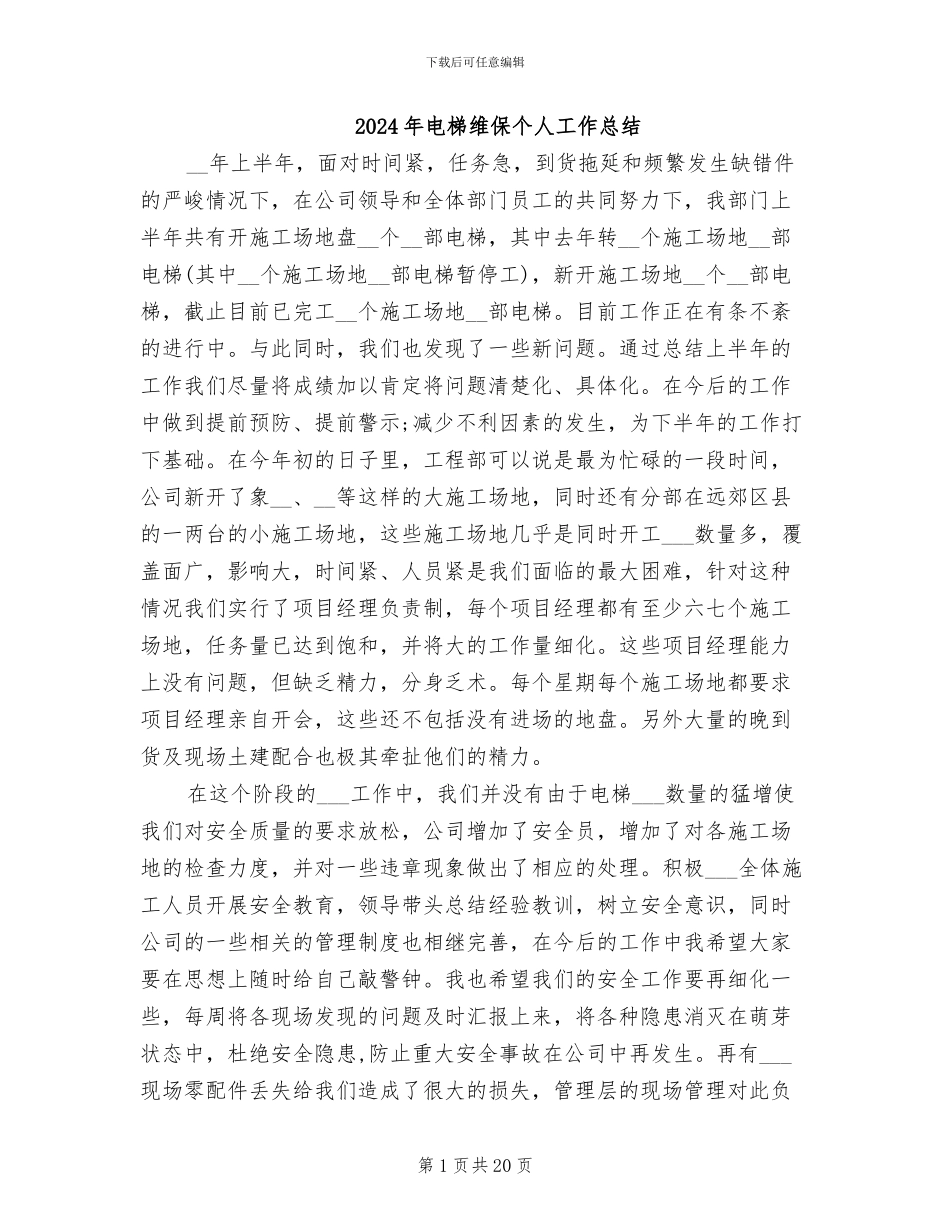 2024年电梯维保个人工作总结_第1页