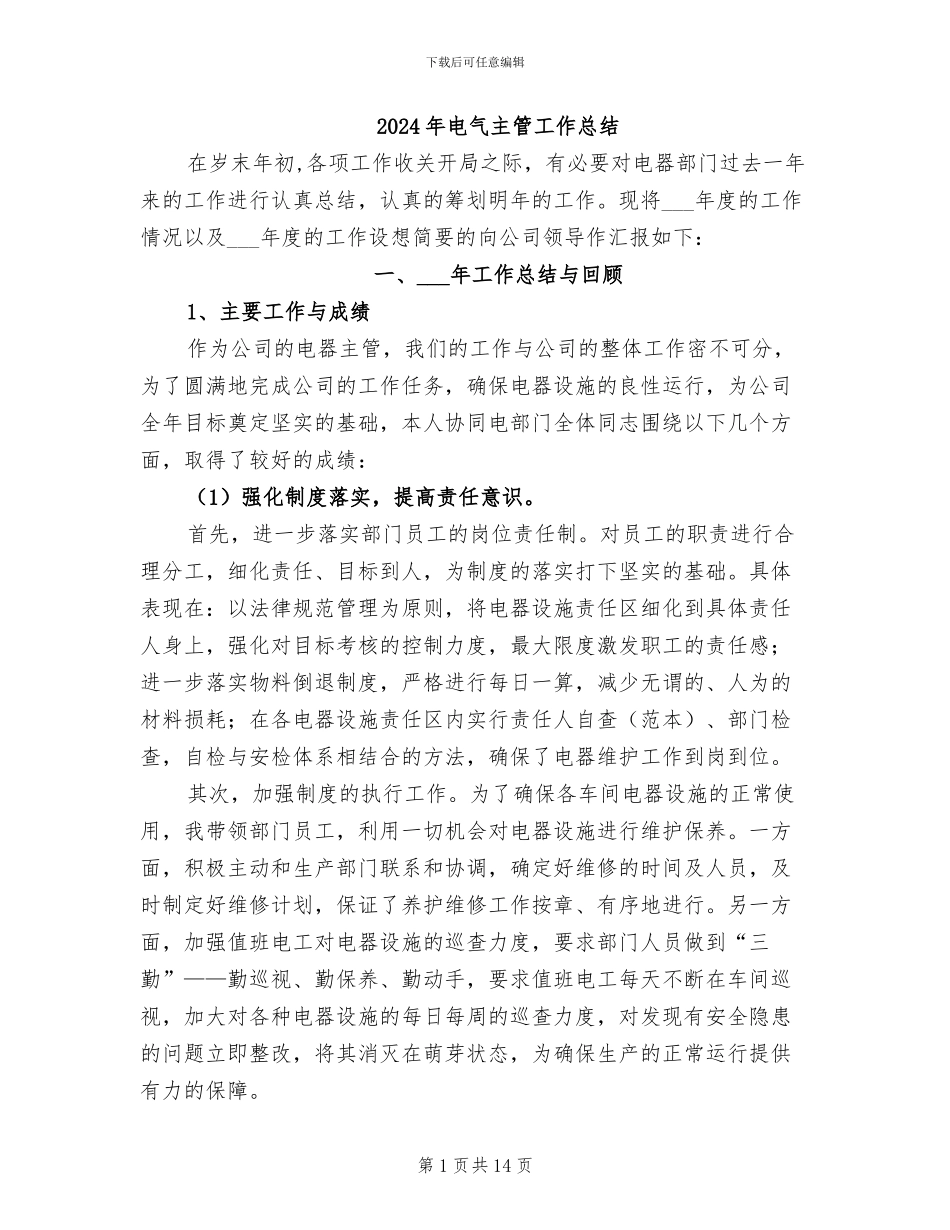 2024年电气主管工作总结_第1页