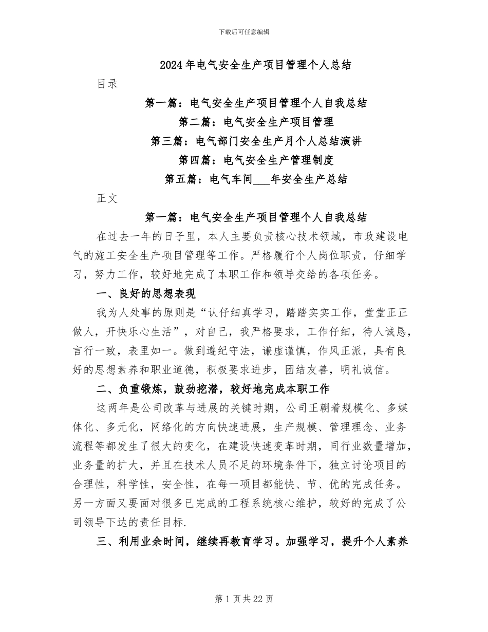 2024年电气安全生产项目管理个人总结_第1页