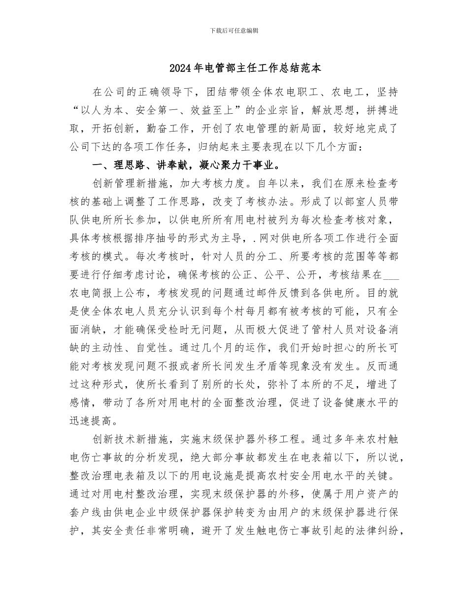 2024年电管部主任工作总结范本_第1页